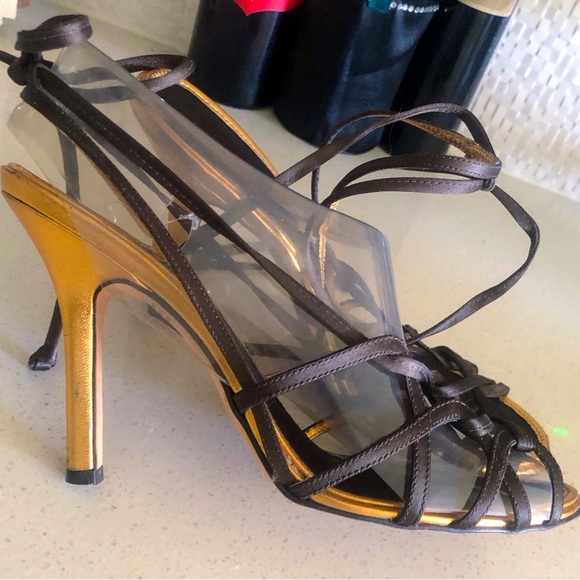 BCBGMaxAzaria $185 Mifle Strappy Open Toe Lace Up Heels Brown/Gold - Sz 8 - Picture 3 of 10